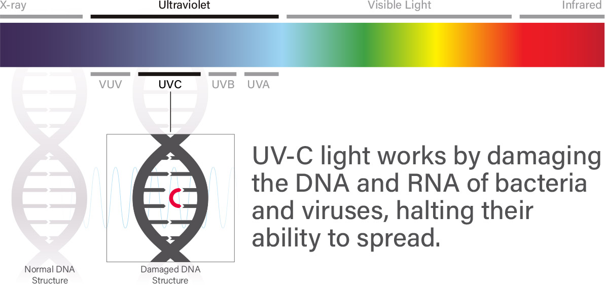 Illustration of light spectrum highlighting the UVC portion of ultraviolet light